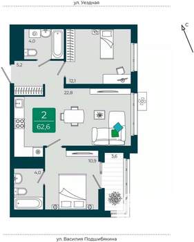 2-к квартира, вторичка, 63м2, 8/16 этаж