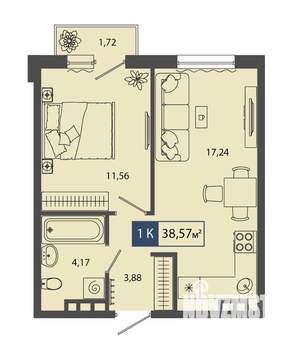 1-к квартира, строящийся дом, 39м2, 4/4 этаж