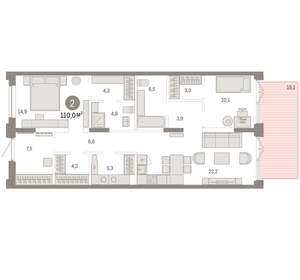 2-к квартира, вторичка, 110м2, 1/16 этаж