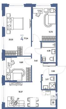 4-к квартира, строящийся дом, 77м2, 13/25 этаж