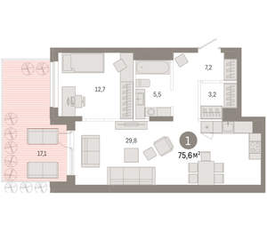 1-к квартира, вторичка, 76м2, 1/17 этаж