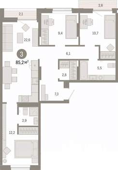 3-к квартира, вторичка, 85м2, 8/9 этаж