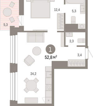 1-к квартира, вторичка, 53м2, 6/8 этаж
