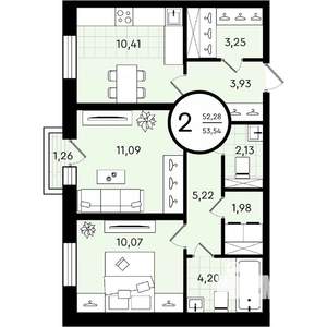 2-к квартира, строящийся дом, 54м2, 3/4 этаж