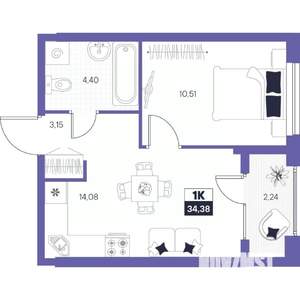 1-к квартира, строящийся дом, 34м2, 10/24 этаж