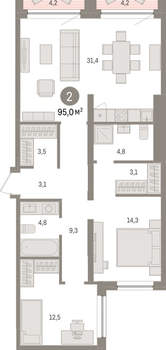 2-к квартира, вторичка, 95м2, 2/8 этаж