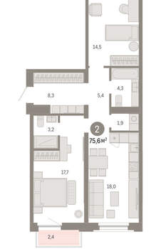 2-к квартира, вторичка, 76м2, 2/16 этаж