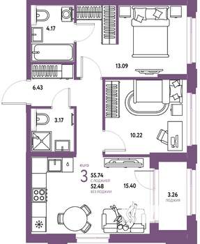 3-к квартира, вторичка, 56м2, 25/25 этаж