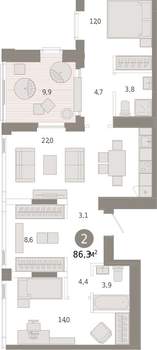 2-к квартира, вторичка, 86м2, 25/25 этаж