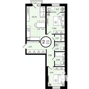 2-к квартира, строящийся дом, 69м2, 3/4 этаж