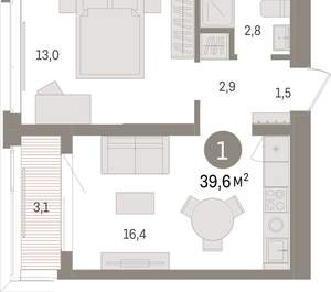 1-к квартира, вторичка, 40м2, 5/16 этаж