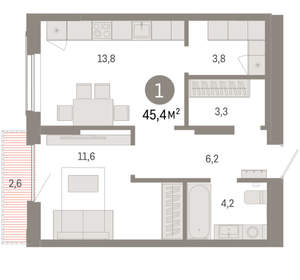 1-к квартира, вторичка, 45м2, 16/17 этаж