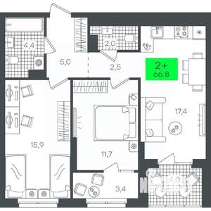 2-к квартира, строящийся дом, 67м2, 10/21 этаж