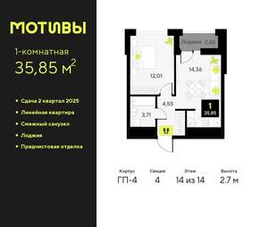 1-к квартира, вторичка, 36м2, 14/14 этаж