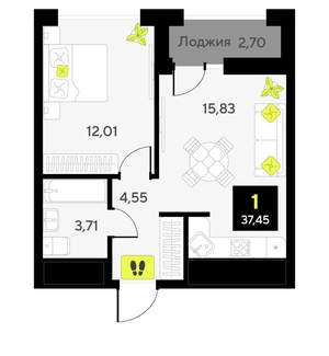 1-к квартира, сданный дом, 35м2, 12/14 этаж