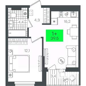 1-к квартира, строящийся дом, 40м2, 9/9 этаж