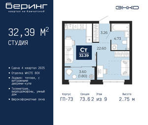 Студия квартира, вторичка, 32м2, 2/22 этаж