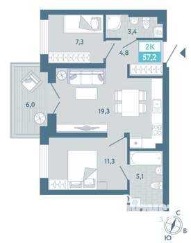 2-к квартира, строящийся дом, 57м2, 4/19 этаж
