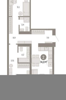 2-к квартира, вторичка, 74м2, 3/16 этаж