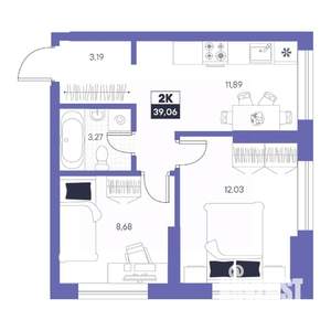 2-к квартира, строящийся дом, 39м2, 1/24 этаж