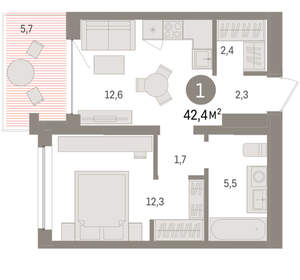 1-к квартира, вторичка, 42м2, 4/8 этаж