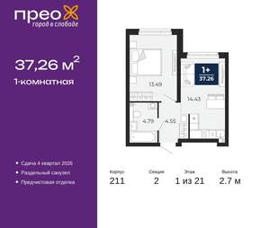 1-к квартира, вторичка, 37м2, 1/21 этаж