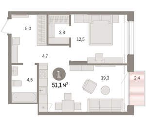 1-к квартира, вторичка, 51м2, 11/17 этаж
