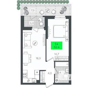 1-к квартира, строящийся дом, 53м2, 1/21 этаж