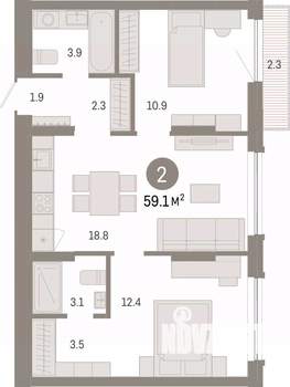 2-к квартира, вторичка, 59м2, 2/7 этаж