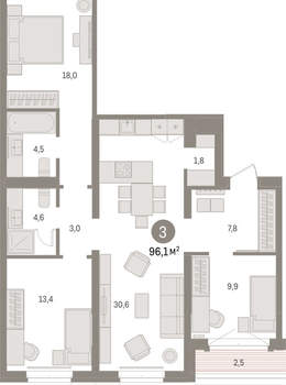 3-к квартира, вторичка, 96м2, 3/16 этаж