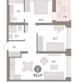 2-к квартира, вторичка, 63м2, 7/8 этаж