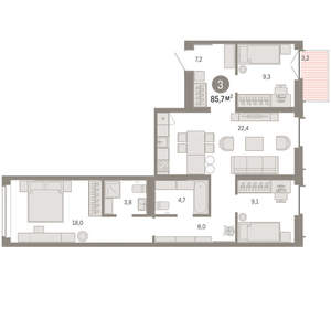 3-к квартира, вторичка, 86м2, 5/16 этаж