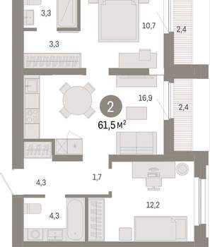 2-к квартира, вторичка, 62м2, 7/16 этаж
