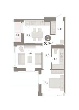 1-к квартира, вторичка, 51м2, 22/25 этаж