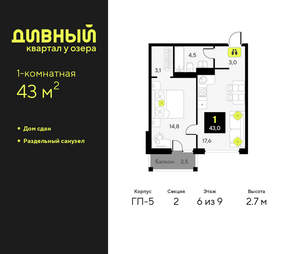 1-к квартира, сданный дом, 43м2, 6/9 этаж