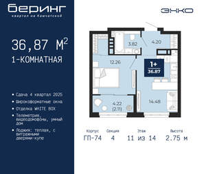 1-к квартира, вторичка, 37м2, 11/21 этаж