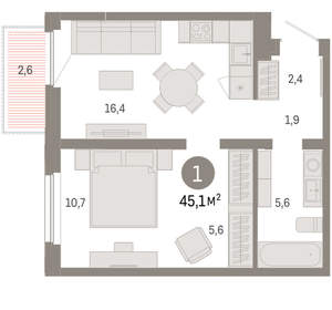 1-к квартира, вторичка, 45м2, 4/16 этаж