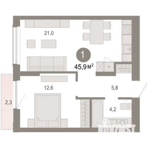 1-к квартира, вторичка, 46м2, 5/17 этаж