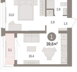 1-к квартира, вторичка, 40м2, 4/16 этаж