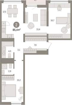 2-к квартира, вторичка, 85м2, 4/9 этаж