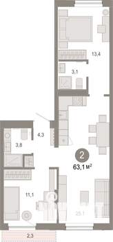 2-к квартира, вторичка, 63м2, 4/17 этаж