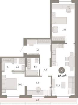 3-к квартира, вторичка, 87м2, 7/7 этаж