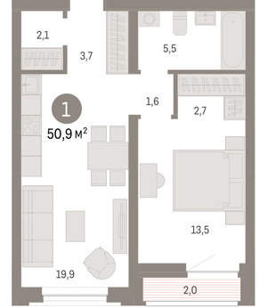 1-к квартира, вторичка, 51м2, 8/10 этаж