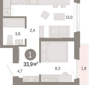 1-к квартира, вторичка, 34м2, 12/25 этаж