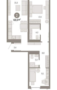 2-к квартира, вторичка, 69м2, 2/16 этаж