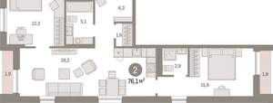2-к квартира, вторичка, 76м2, 15/17 этаж
