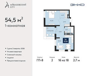 1-к квартира, вторичка, 55м2, 16/24 этаж