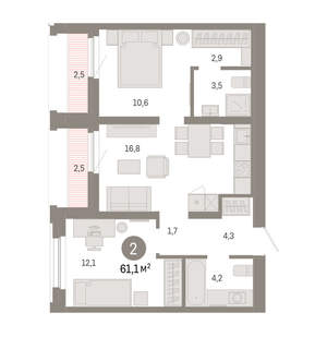 2-к квартира, вторичка, 61м2, 6/16 этаж