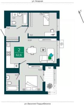 2-к квартира, вторичка, 63м2, 9/16 этаж