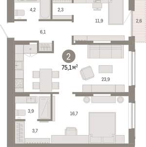 2-к квартира, вторичка, 75м2, 6/17 этаж